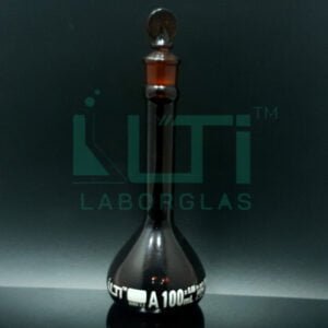 2650-AMBER GLASS WIDE MOUTH HEAVY DUTY VOLUMETRIC FLASK WITH SOLID GLASS STOPPER, CLASS A, SERIALIZED WITH INDIVIDUAL CERTIFICATE ASTM E-288