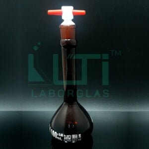 2660-AMBER GLASS WIDE MOUTH HEAVY DUTY VOLUMETRIC FLASK WITH PTFE STOPPER, CLASS A, SERIALIZED WITH INDIVIDUAL CERTIFICATE ASTM E-288