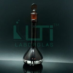 2830-AMBER GLASS WIDE MOUTH VOLUMETRIC FLASK WITH SOLID GLASS STOPPER, CLASS A, SERIALIZED WITH INDIVIDUAL CERTIFICATE ASTM E-288
