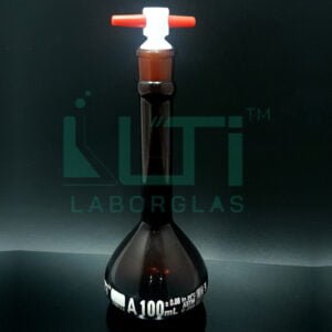 2840-AMBER GLASS WIDE MOUTH VOLUMETRIC FLASK WITH PTFE STOPPER, CLASS A, SERIALIZED WITH INDIVIDUAL CERTIFICATE ASTM E-288