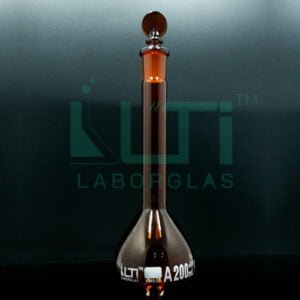 2890-AMBER GLASS WIDE MOUTH VOLUMETRIC FLASK WITH SOLID GLASS STOPPER, CLASS A, SERIALIZED WITH INDIVIDUAL CERTIFICATE ASTM E-288