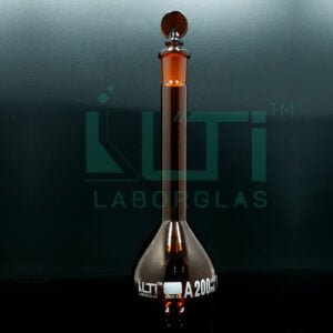 3005-AMBER GLASS, NARROW MOUTH VOLUMETRIC FLASK WITH SOLID GLASS STOPPER, CLASS A WITH BATCH CERTIFICATE (USP)